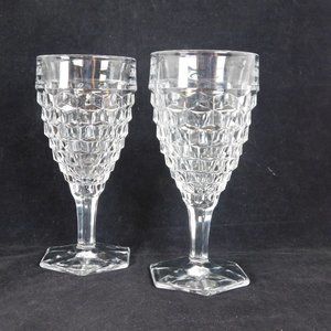 Lot of 2 Fostoria American Clear Glass Water Goblet 7" tall 9 oz Diamond Cube